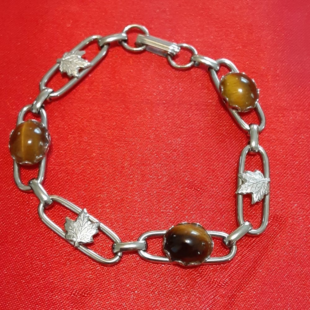 Vintage Cottagecore Maple Leaf Tiger's Eye Natural Polished Stone Bracelet